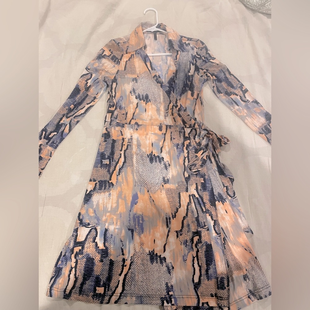 BCBG wrap multi-colored snakeskin pattern dress with tie